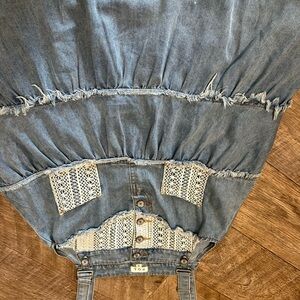 POL Blue Denim Overall Dress with Cream Lace Accents